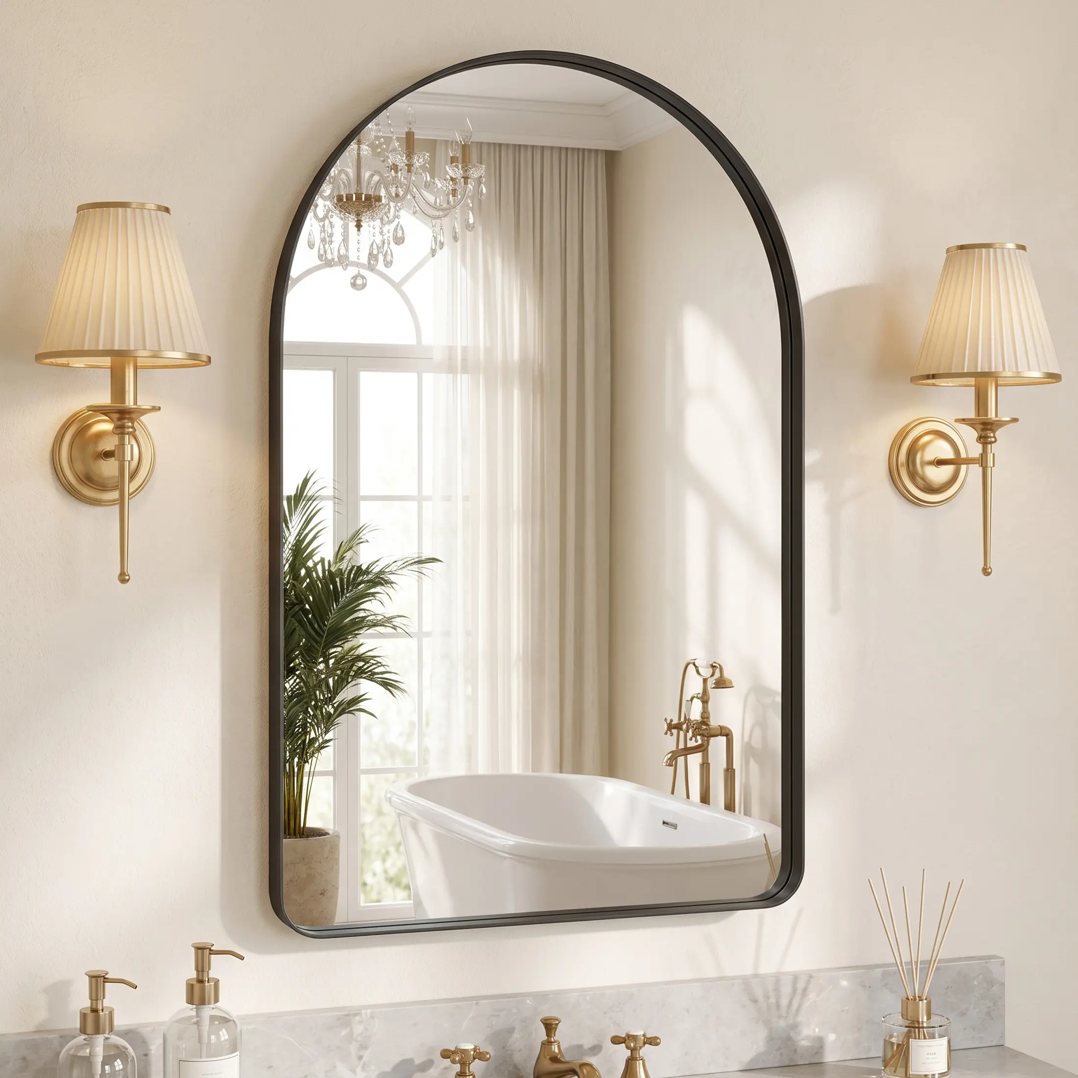 DUMOS Luxury Arched Bathroom Mirror - High-Clarity Shatterproof Tempered Glass Mirror with Metal Deep Frame, Hanging or Leaning Design, Styrofoam Pack for Living Room, Dresser, Mirrors