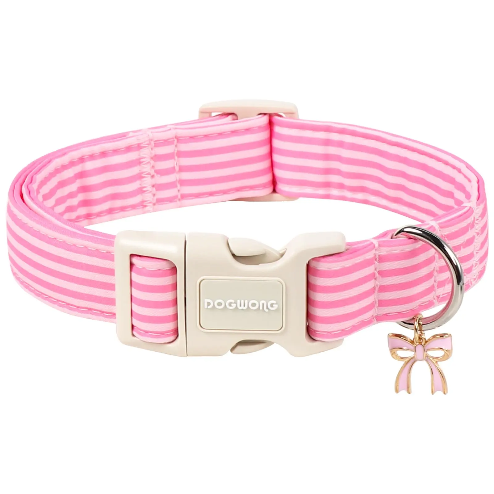 DOGWONG Pink Striped Dog Collar with Plastic Buckle - Breathable Cotton, Chew Resistant, Lightweight Wear, Tag Holder, X-Small Fit for Girl Puppies & Small Female Dogs (8-12 in Neck)