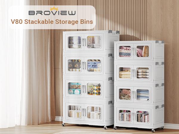 Broview V80 150Qt/200Qt/250Qt/360Qt/480Qt Stackable Storage Bins with Lids, Each 120Qt Stackable Bins with 1 Lid, High Quality Large Plastic Containers Collapsible Closet Organizers for Home Bedroom Craft Blanket Clothing Organization