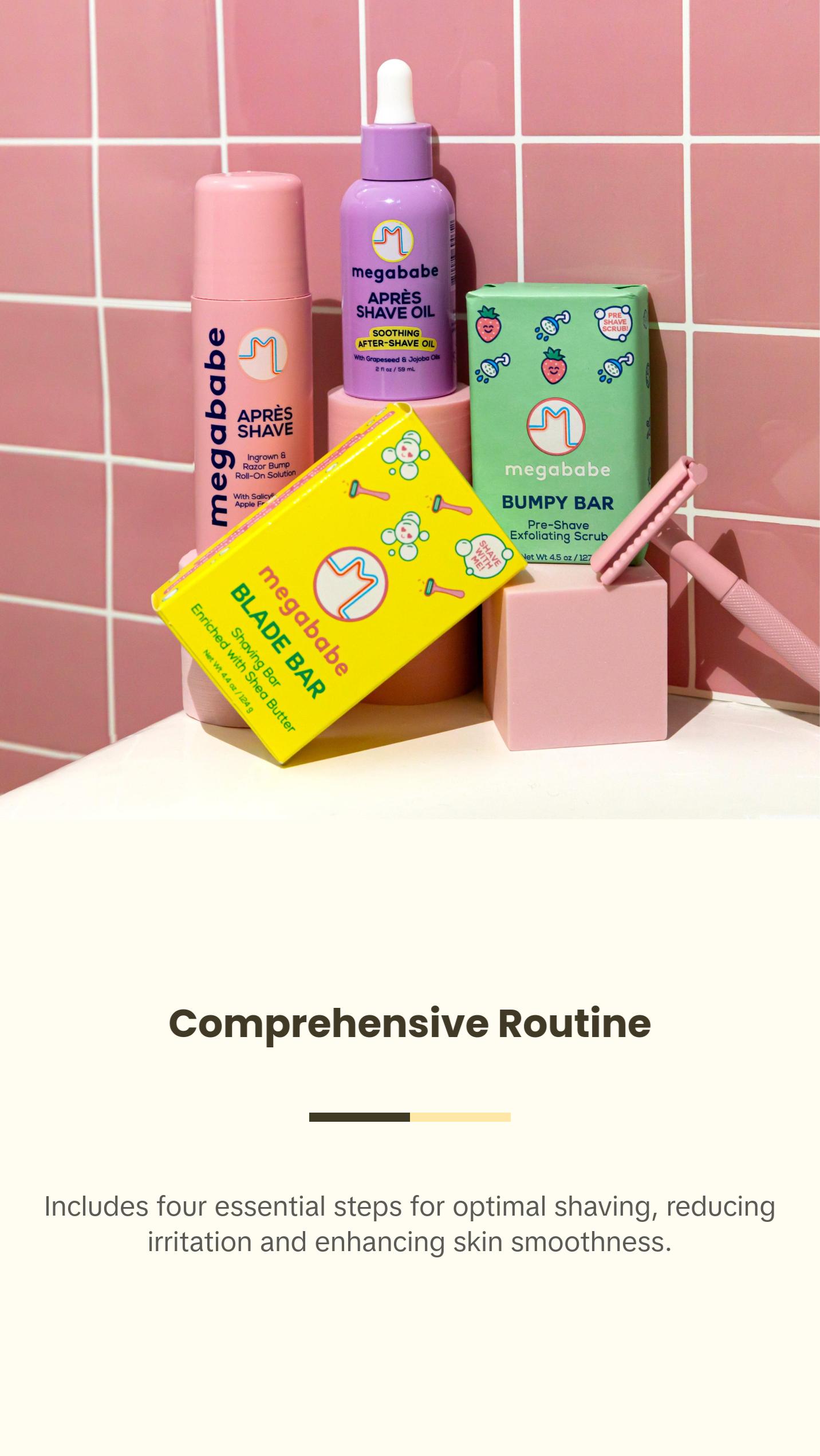 Megababe Shave the Day Kit | 4-Piece Shave Set for Smooth, Bump-Free Skin | Includes Bumpy Bar, Blade Bar, Après Shave, Après Shave Oil | Great for Sensitive Skin | TSA-Friendly Sizes