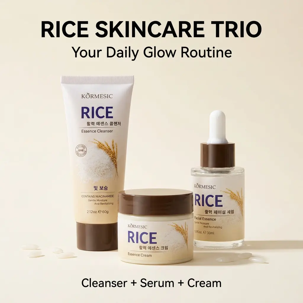 Rice Skin Care Set, 3 in 1 with Cleanser, Serum and Face Cream, Daily Hydrating Skin Barrier Care, Beauty Gift for Women, Teens and Girls,A complete set of cleaning and skincare moisturizing kit Radiant Moisturizer Moisture Hydrate Cleansing, Beauty Sets,