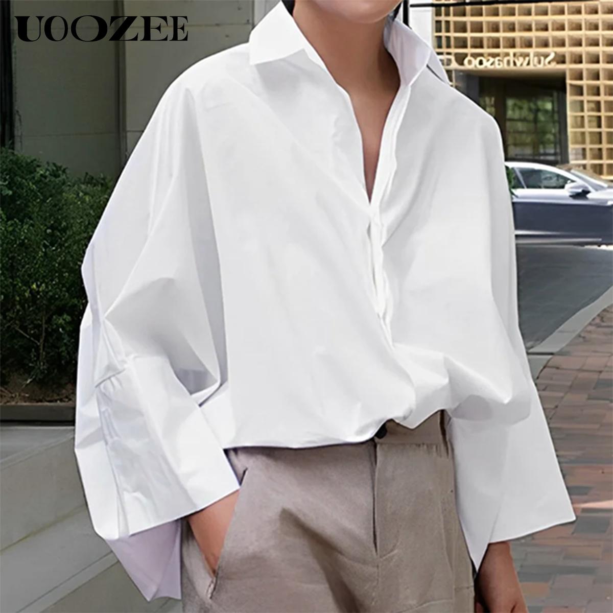 UOOZEE Women's Oversized Fit Multi-Colored Lapel Shirt Tops for All Seasons Loose Simple Polyester Versatile Commuting Suitable for Various Occasions Soft Cotton Blend Chic Blouse Casual