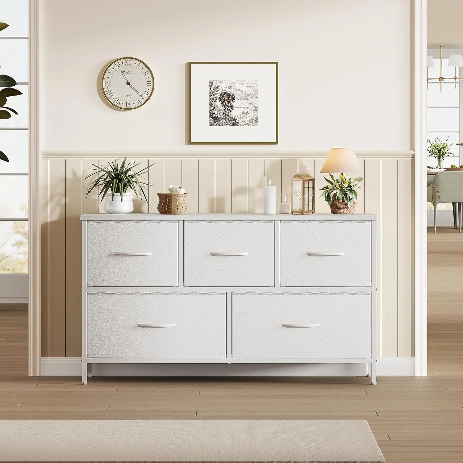 Dresser for Bedroom, Fabric Wide Chest of Drawers for Clothes Storage, 5 Drawer Storage Organizer Unit with Fabric Bins & Wooden Top for Living Room