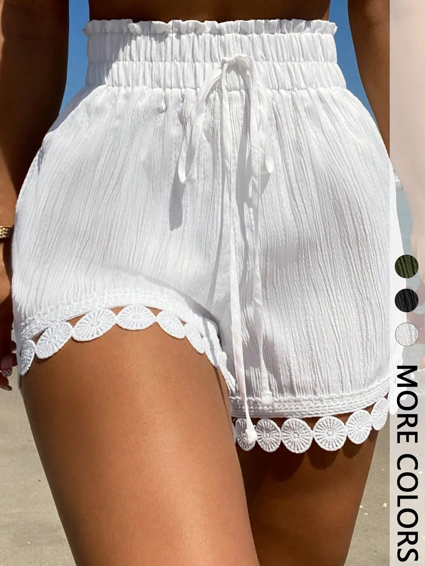 1 Piece Women's White Lace Trim Beach Shorts, Spring Summer Elastic Waist Drawstring Flowy Casual Fashionable Shorts, Cute Vacation Summer Outfits for Women, Chic Casual Shorts