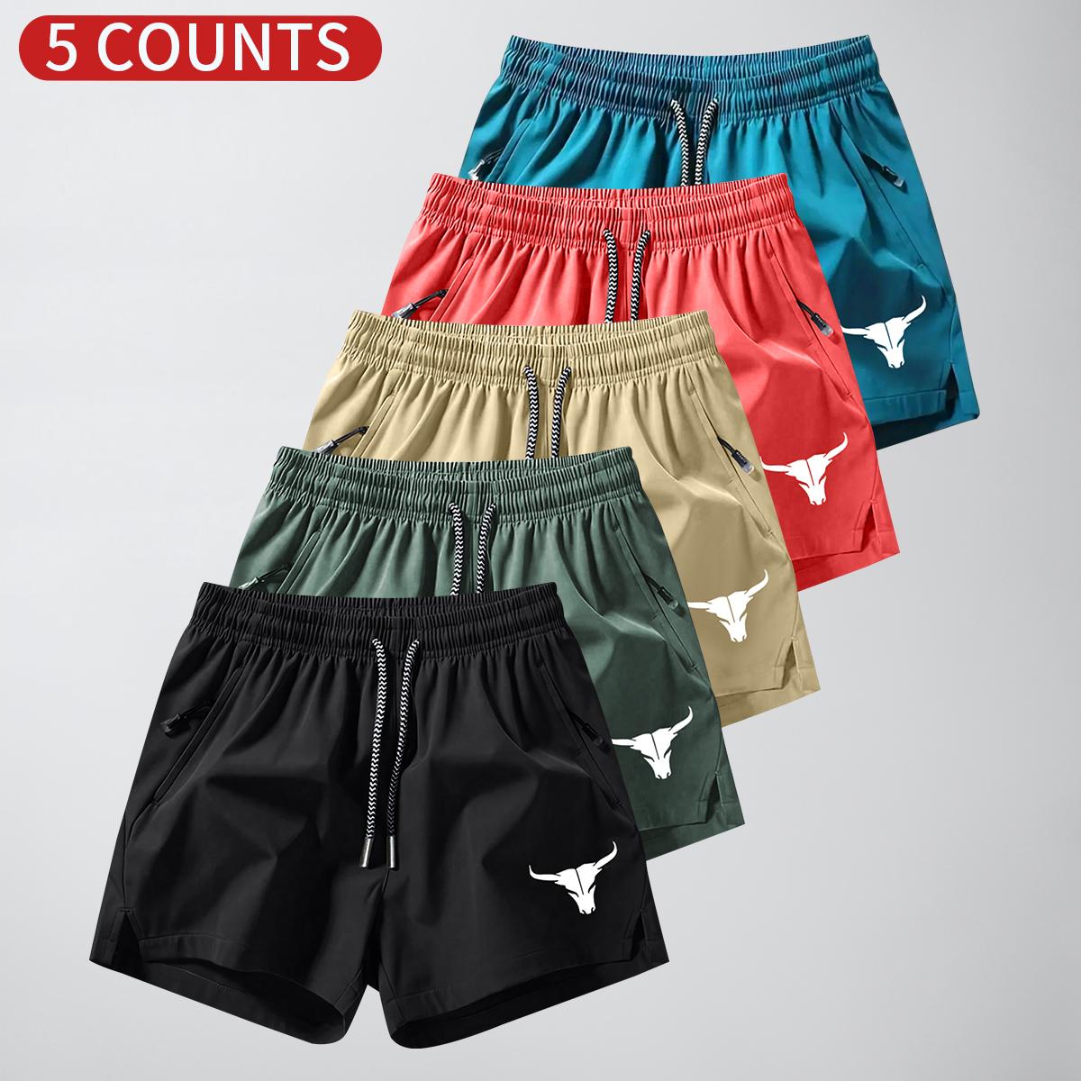 Men's 5-Pack Bull Print Plain Tie Pocket Shorts; Men's Clothing; Athletic Casual Stretch Waist Pocket Shorts; Breathable Summer Men's Everyday Sports Pants SpringStatements
