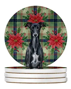 Carolines Treasures WDK8851RCS4 4 x 4 in. Black Whippet Christmas Poinsettias Large Sandstone Coasters, Pack of 4