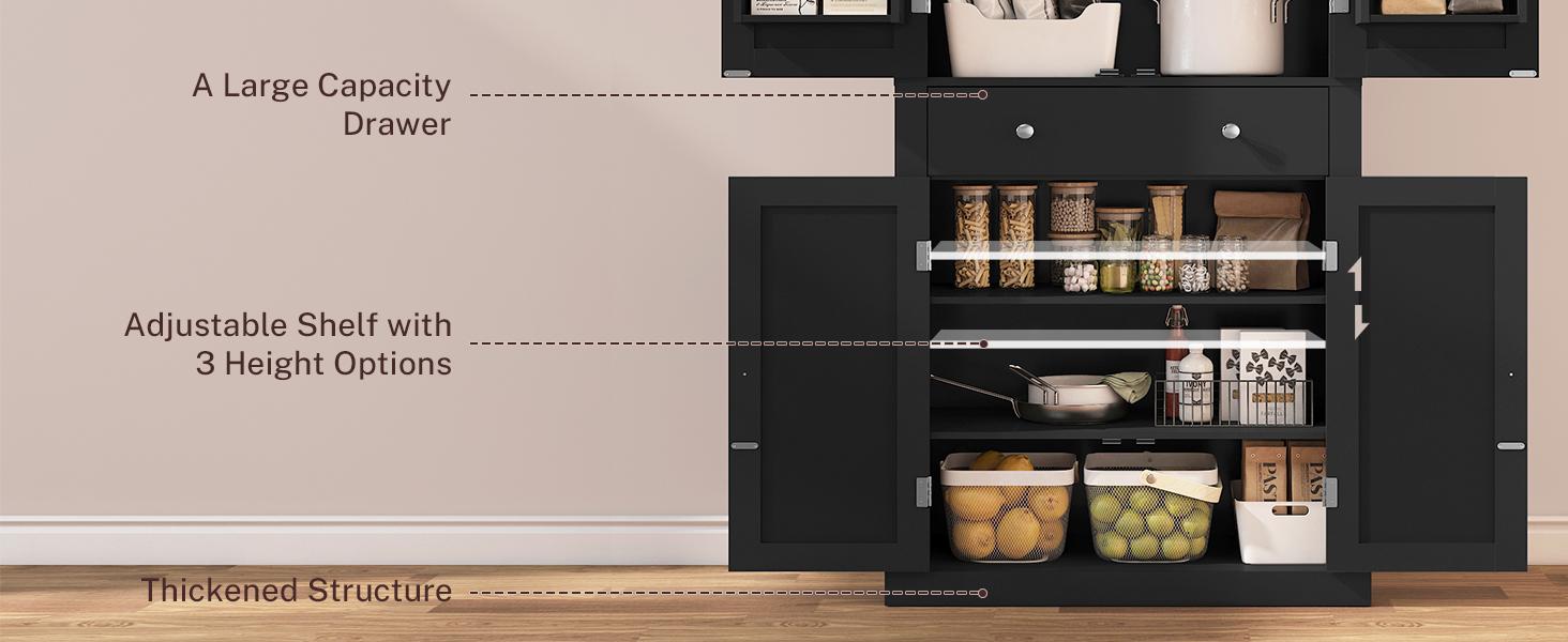Fabiula 72 Tall Kitchen Pantry Cabinet with 4 Doors & Drawer Adjustable Shelves White Farmhouse Freestanding Design for Dining Room Living Room Storage
