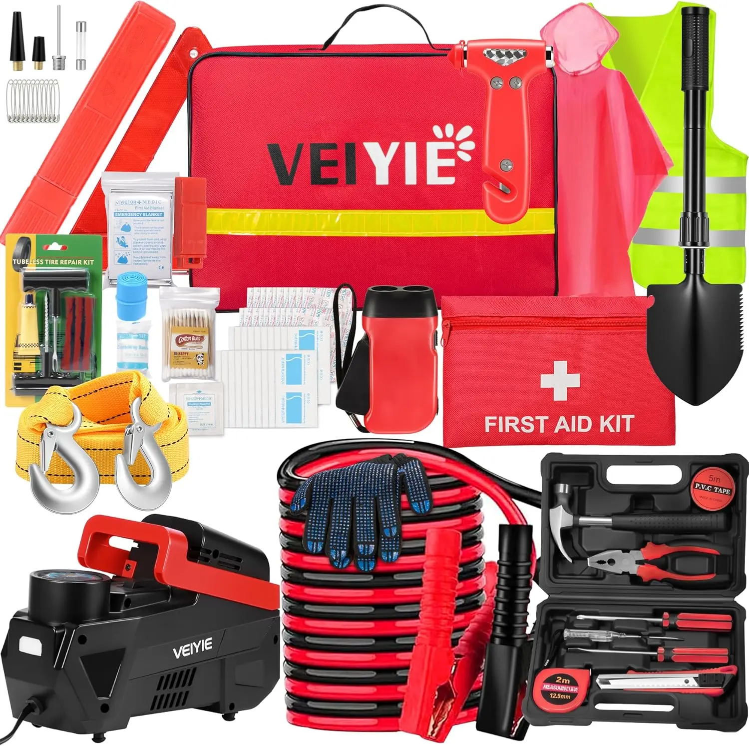 【TikTokShopBackToSchool】Roadside Emergency car Kits for Vehicles, 12PCS Car Safety Kit with Jumper Cables, Portable Air Compressor, Tow Strap, Tool Kit, Road Trip Essentials for Women, Men，Summervibes