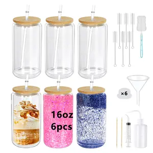 KAFUFU 6 Pack 16oz Double Wall Snowball Cup with Bamboo Lids & Straws, Pre-Drilled Acrylic Tumblers for DIY Crafts, Reusable Water Bottle Set with Complete Tool Kit & Funnel, Leakproof Car Cup for Iced Coffee,  Drinkware Bottled Mug Portable Washable