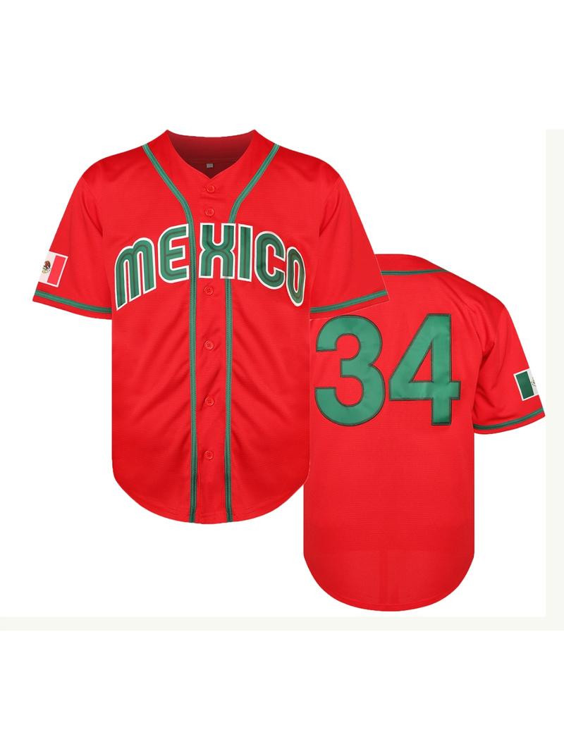 Mexico #34 Red Green Stitched Baseball Jersey Button Up Shirt with Mexican Flag Patch Embroidered Letters Classic Fan Apparel for Men Women