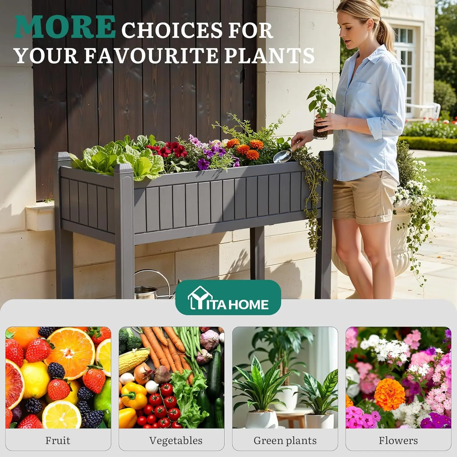 YITAHOME 42.5x17.3x35.4 in Raised Garden Bed, Outdoor Plastic Planter Box with Wheels, Legs, Drain Plug, and Storage Shelf for Plants, Vegetables, Flowers, Herbs