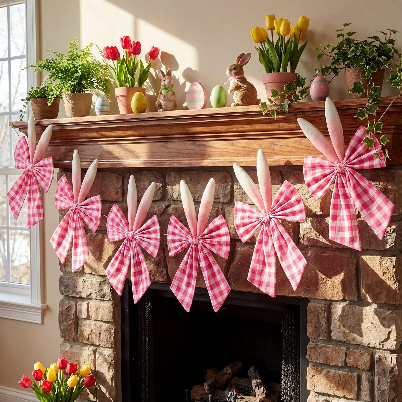 Easter Bow Garland Pastel Fluffy Tulle Satin Bow Banner Bunny Ear Plaid Pink Bow Garland Cute Hanging Wreath Garland for Mantle Fireplace Wall Door Mantel Decor, Spring Indoor Outdoor Home Table Backdrop Easter Decor 2026 Festive Party Supplies & Gifts