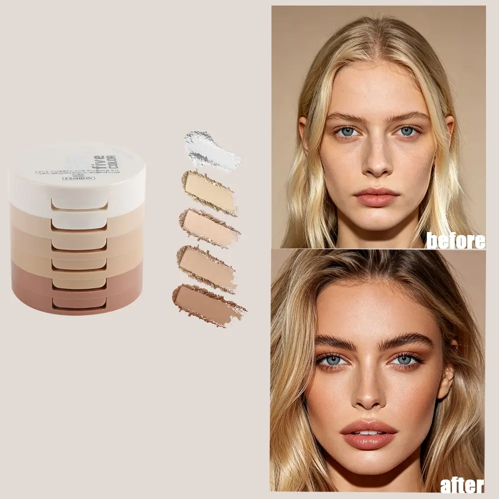 5-in-1 Face Corrector Powder Kit, Multi-Color Contour Highlight Blush Palette, Oil Control Long-Lasting Setting Powder for All Skin Tones