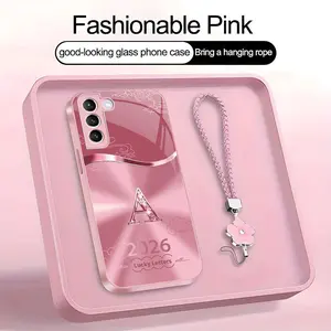 Suitable for [Galaxy S21+ 5g] high-end women's phone case🤩，a free four-leaf clover lanyard is included, with 26 letters of the alphabet to choose from，auspicious cloud patterns bring you good luck YM99