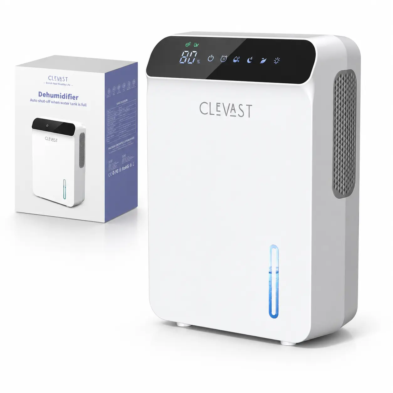 CLEVAST Compact 2-in-1 Portable Dehumidifier - 23oz/Day Dual Semiconductor Unit, 30dB Quiet Sleep Mode, UV-C Purifier with Negative Ion, 68oz Tank, Drain Hose for Bathroom, Bedroom