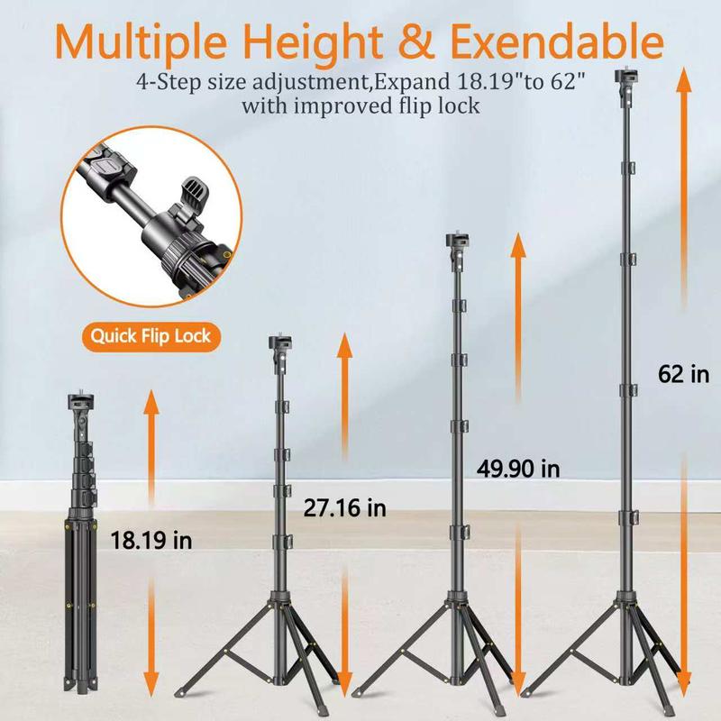 62'' Adjustable Phone Tripod & Selfie Stick with Bluetooth Remote, Universal Mount for iPhone, Android, and Cameras