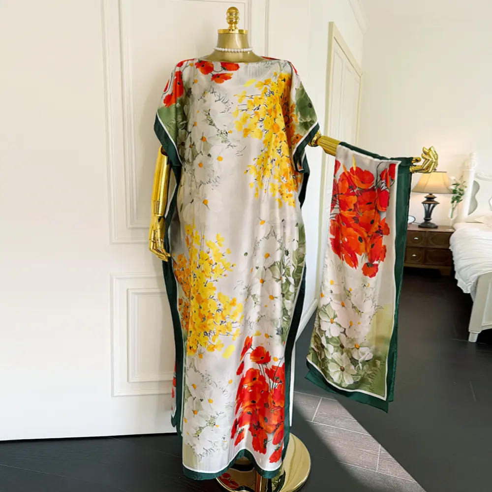 Moomoo Women's 2 Piece Kaftan Set, Oversized Bohemian Rose Floral Print Satin Maxi Dress with Scarf for Party & Beach Vacation, Fashion Apparel, Women's Fashion, 2 Piece Sets, Clothes For Women
