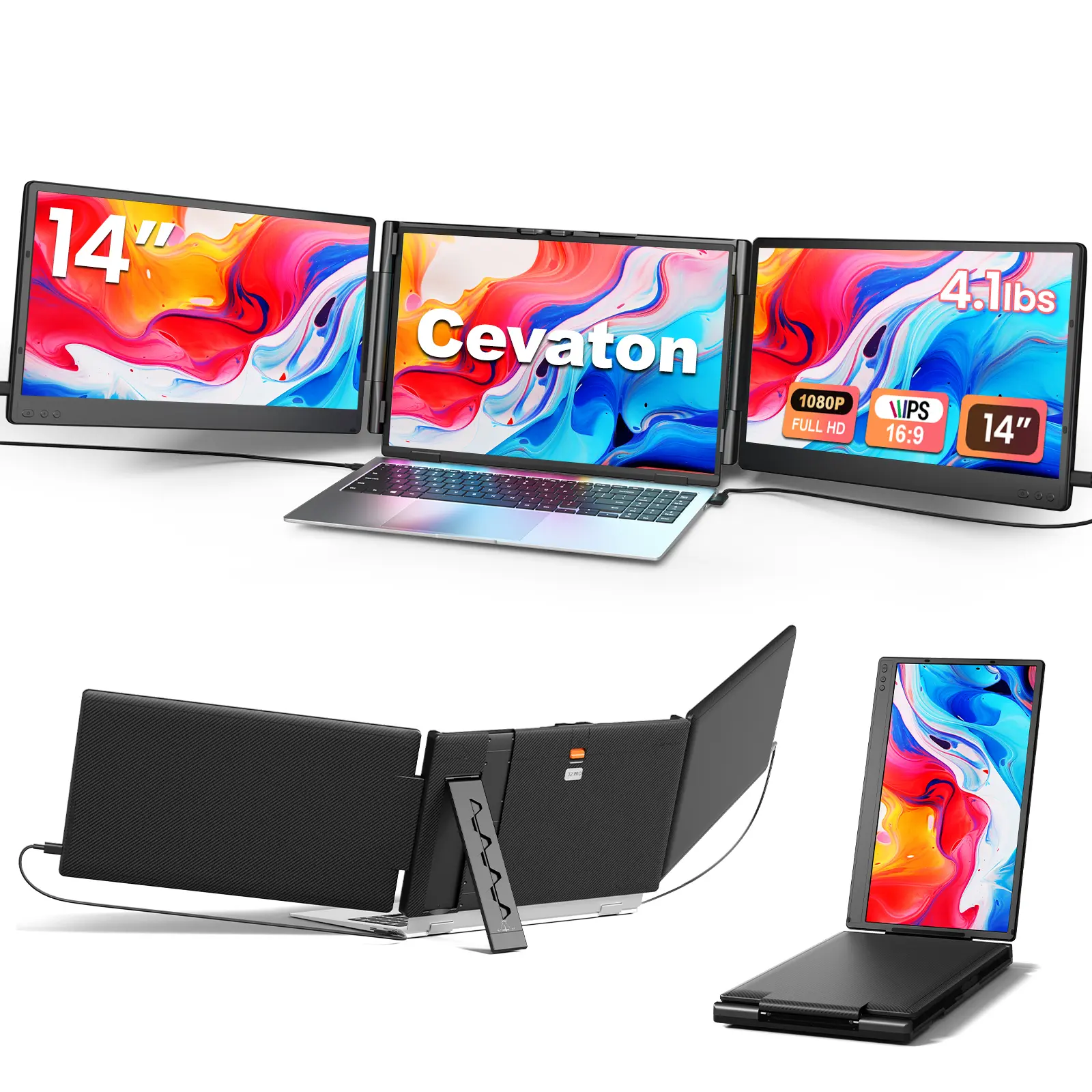 Cevaton 14" Portable Monitor for Laptop, Dual Laptop Screen Extender for 13.3"-17.3" Laptops, Dual Monitor Extender, 1080P FHD IPS, Foldable Width-Adjustable Design, Monitor Only, Dual Video Output Required, 4.1 lbs,#TikTokBackToSchool