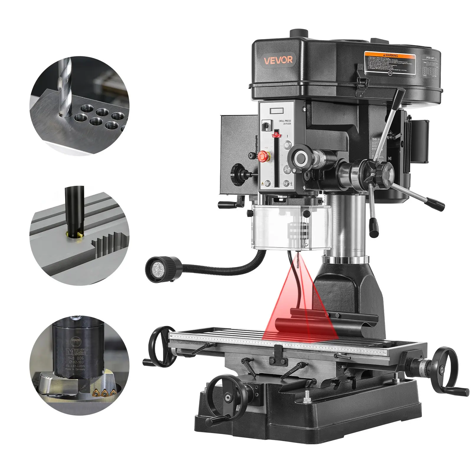 VEVOR 15.875 In Benchtop Milling Drill Press, 2 HP (1500W) Motor, Variable Speeds (150-2560 RPM), High-Precision Spindle, Rotating Vise, Laser Guide, LED Light, for Woodworking, Light Metal, 2Hp Motor