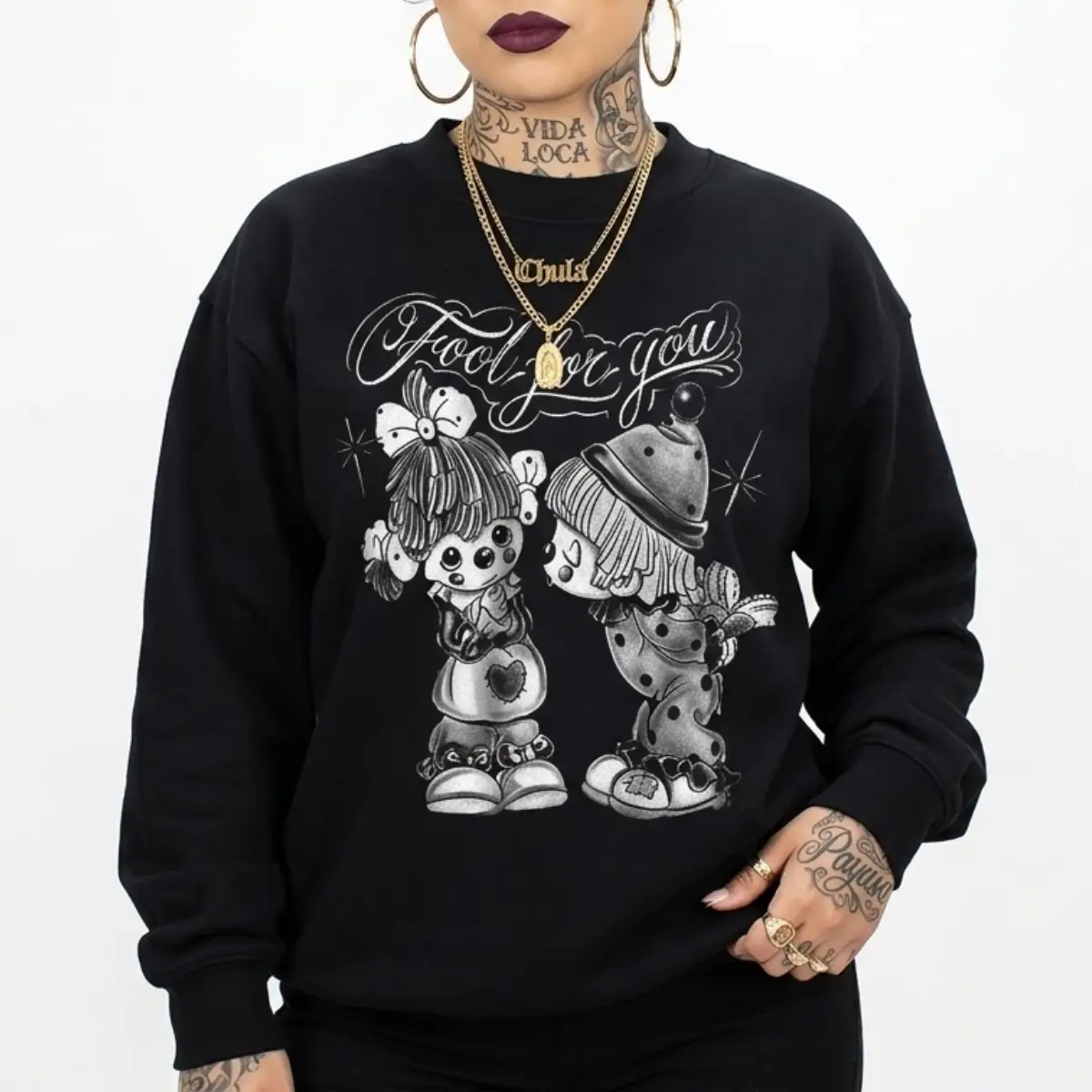 Fool For You Clothing, graphic tees chicanos clothing, gangsster Tattoo Sweatshirt, Hoodie, Chicana Art, Cholo Chola outfit Cotton Fabric Menswear Casual, men's clothing clothes merch, Streetwear, Gift For Him and Her
