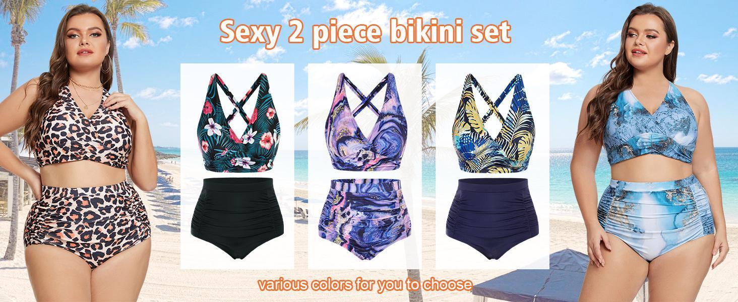 Hanna Nikole Women's Plus Size Halter V Neck Bikini Swimsuits High Waisted Ruched Tummy Control Swimwear #TikTokShopBlackFriday