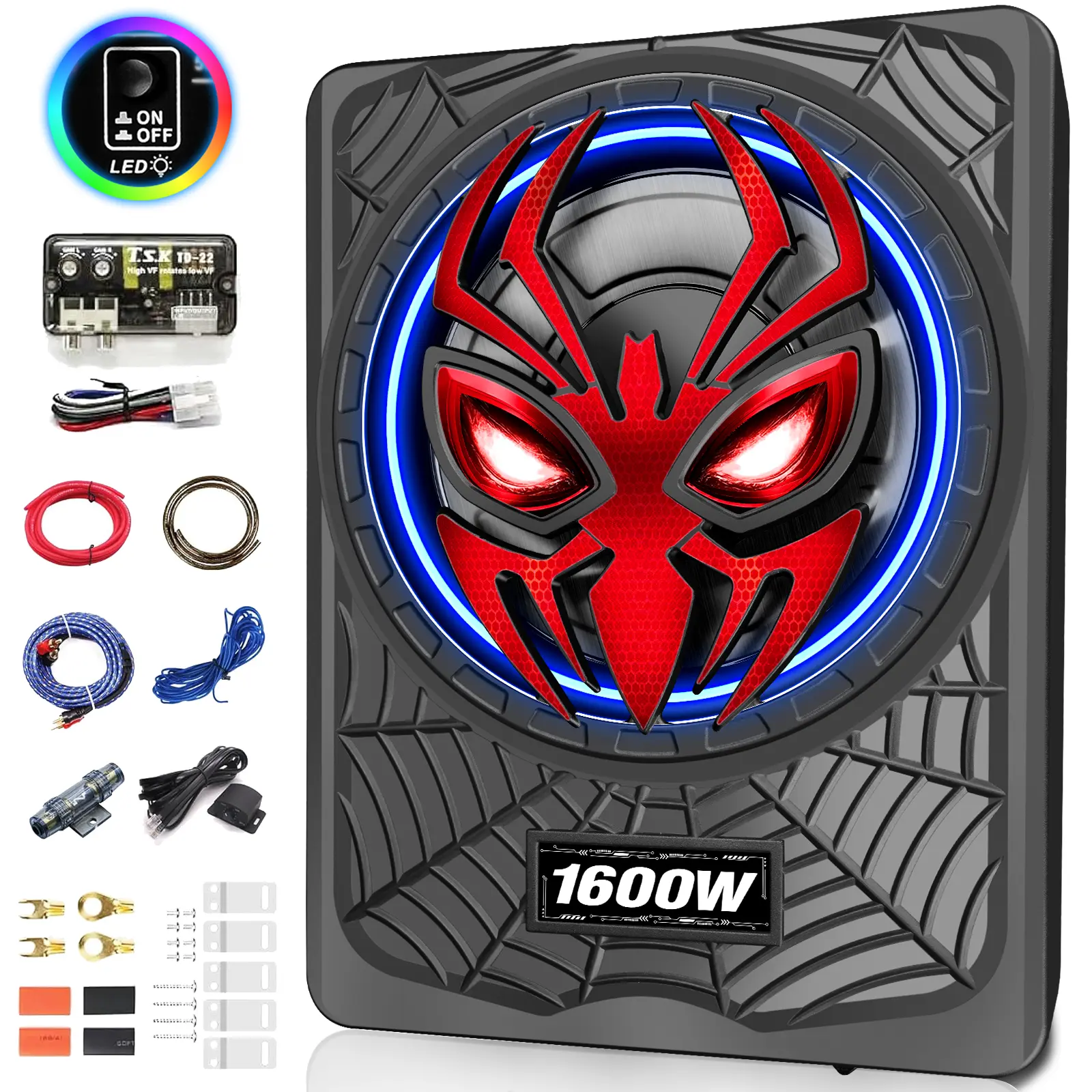 TANVSO 1600W Slim Under-Seat Powered Car Subwoofer & Amplifier Package, Built-In Class D Amplifier, Cast Aluminum Body, LED Ambient Light Switch, Deep Bass for Car, Truck, SUV Audio Systems control ohm