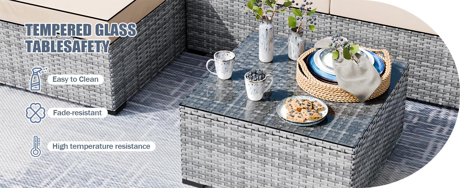 Walsunny Patio Furniture Set 7 Pieces Outdoor Rattan Chair Wicker Sofa Garden Conversation Bistro Sets for Yard, Pool or Backyard, Silver Gray