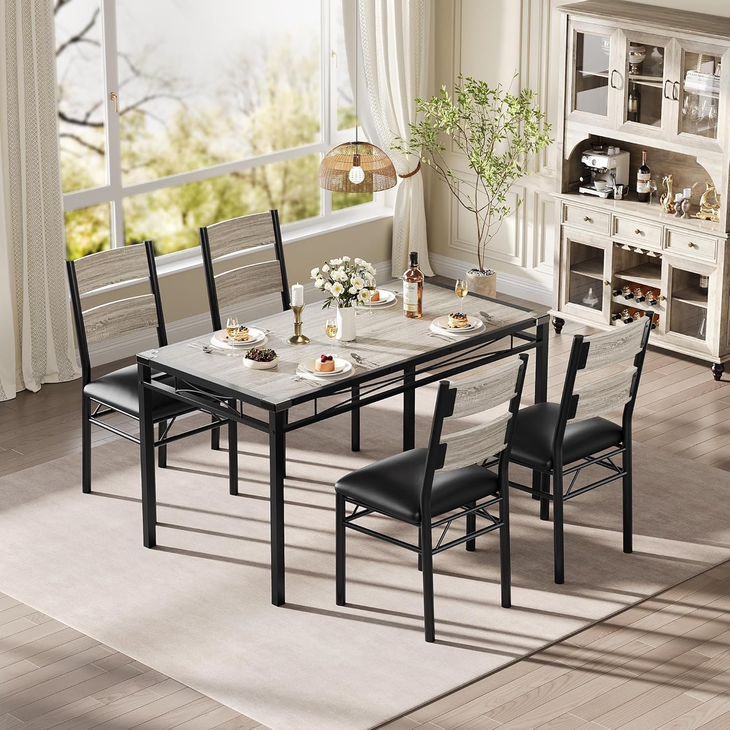 Dining Table Set for 4, Wood Kitchen Table Chairs Set of 4 with Corner Protector, Kitchen Table with 4 Upholstered Chairs, for Small Space, Dining Room, Apartment