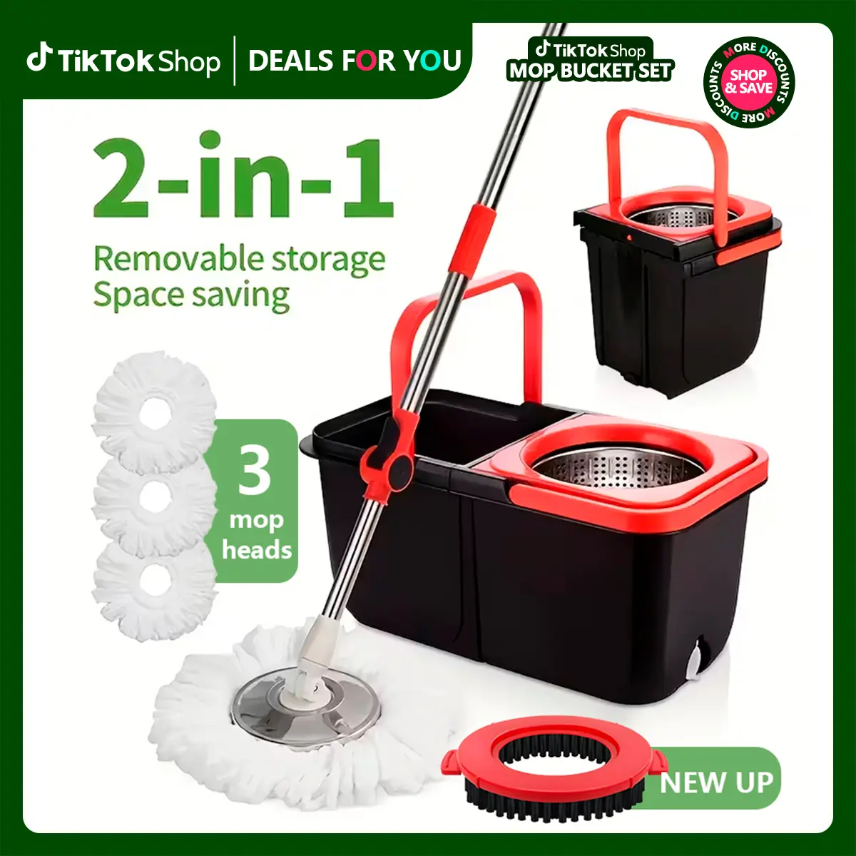 Spin Mop and Bucket Set, 360° Spin Mopping Cleaning Supplies with 3 Microfiber Replacement Heads, 61/48in Long Handle, Bucket, Brush for Shop Floor Cleaning, 61\Handle+Bucket+Brush+Replacement Heads*3, Long Handle Mops Mops And Buckets For Floor Cleaning
