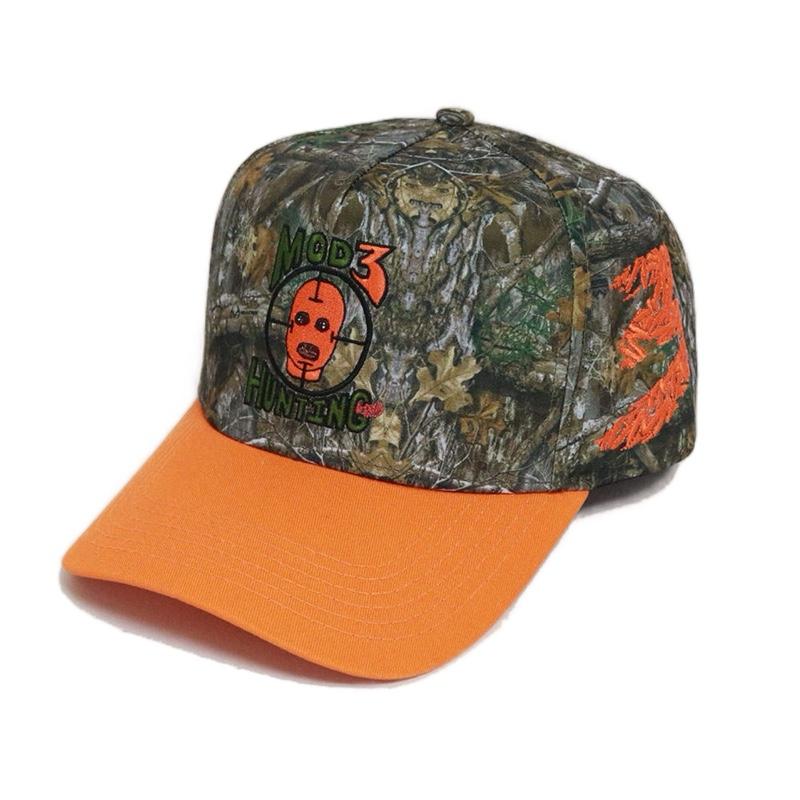 MOD3 Hunting 5 Panel "Vintage Snap" Camo Hat with Orange Brim and Logo