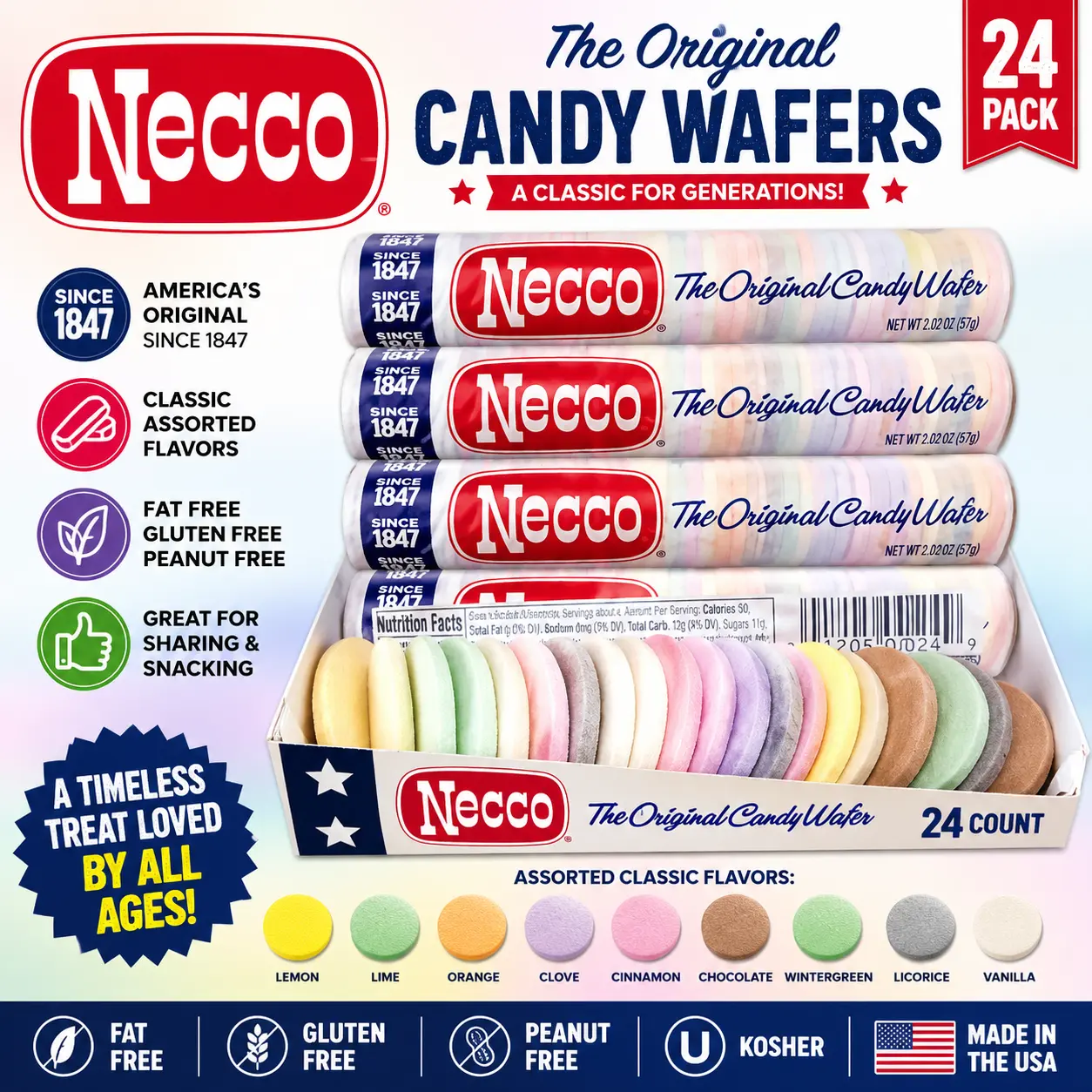 Necco Wafers Assorted Flavors 24 Count Tray Classic Candy Wafers Retro Candy