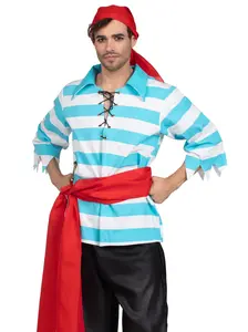 Leg Avenue Men's 4 PC Pillaging Pirate Costume - Classic Striped Shirt Tattered Pants Waist Sash & Head Scarf for Halloween Cosplay Parties