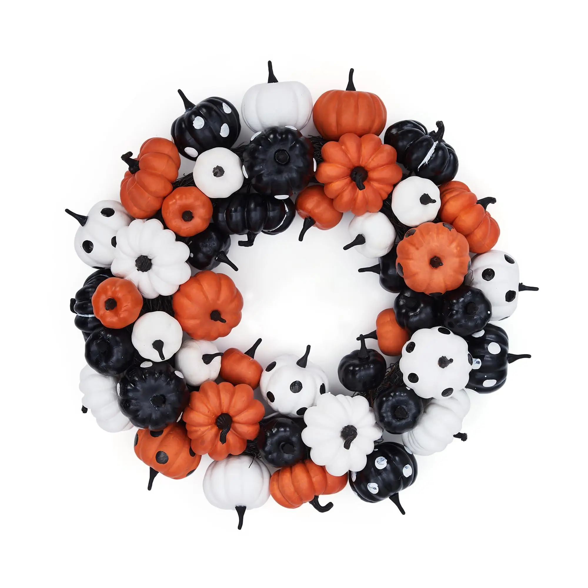 GARVEE 18-in Halloween Theme Round Wreath, Rattan Base Front Door Decor with Orange, Black, White Pumpkins, Indoor Outdoor Home Party Gift for Fall Thanksgiving