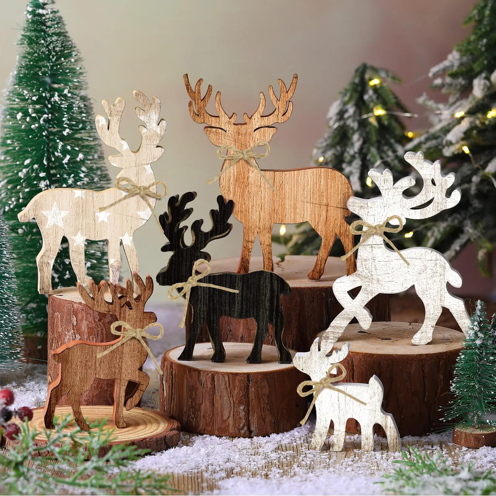 6-Piece Wooden Farmhouse Christmas Dining Table Decorations - Centerpieces with Rustic Christmas Tree House Ornament, Reindeer Motifs, Angel Motif, Snowflake Accents, Wooden Sign Blocks, Tiered Trays - Farmhouse Look, Rustic Charm, Ideal Gifts