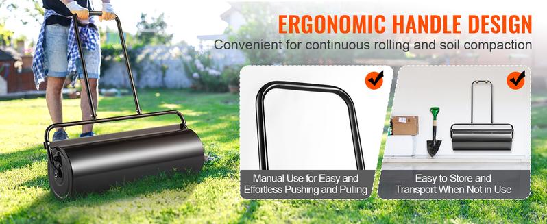 VEVOR Drum Lawn Roller, TikTokShopBlackFriday, 17 Gallon Sand/Water Filled Yard Roller, Steel Sod Roller with Easy-turn Plug and U-Shaped Ergonomic Handle for Convenient Push and Pull, for Lawn, Garden, Farm, Park