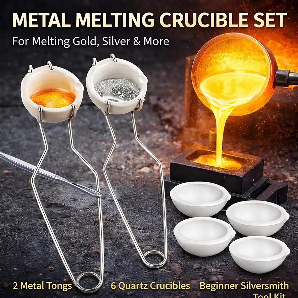 8pcs Crucible Melting Metal Kit - 6 250g & 600g Quartz Crucibles, 2 Metal Tongs, 3272°F Heat Resistant for Gold Silver Jewelry Making, Beginner Silver Smith Tool Kit, Mid Year Summer Sale Deals