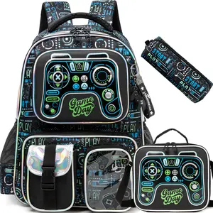 Cute Video Game Controller Backpack for Kids, Machine Washable Heavy Duty 3-Piece School Set, Protective Laptop Compartment & Padded Straps, Cool Gamer Gifts Back to School Bag for Boys pencil case