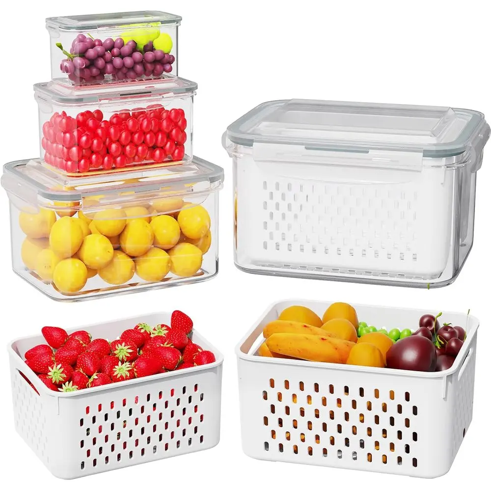 Dual Drain Layer Refrigerator Storage Organizer, 2/4/6 Pack Fruit & Vegetable Crisper Bin, Kitchen Drawer Storage Tool, Basic Household Goods, Divided Sealed Meal Prep Box, Waterproof Airtight Lid, Non-Toxic Plastic, Snack Storage Tub