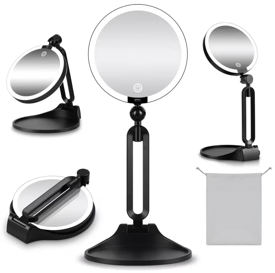 30X Magnifying Handheld Black Foldable Makeup Mirror with Short Stand, Portable Travel Cosmetic Mirror for Home & On-the-Go Makeup Touch Up, Black Foldable Mirror With Short Stand