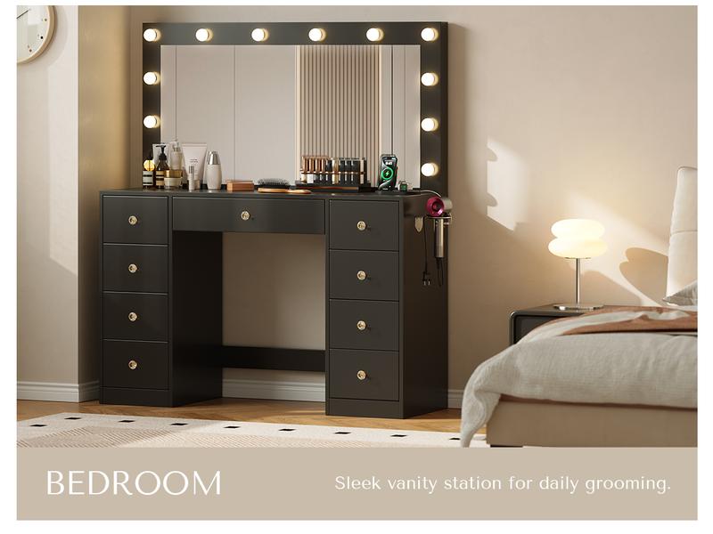 [New Year Deals] Vanity Desk with Large HD Mirror ,9-Drawers Dressing Table Power Outlet,3 Color Modes,12 LED Bulbs for Girls Bedroom,Gift for Daughter Wife & Mom Girls Bedroom Essential