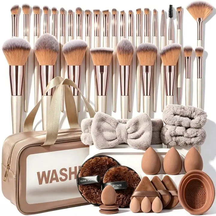 All-in-One 49-Piece Makeup Brush Set with Storage Bag, 14 Velvet Powder Puffs, Detachable Silicone Brush Cleaning Bowl, Complete Kit for Women, Travel, Daily Use & Gifting