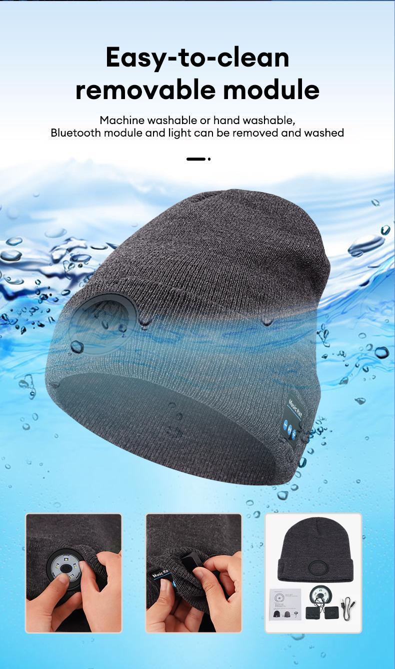 MGALL Bluetooth Beanie with LED Headlight and Removable Speakers, USB Rechargeable Knit warm winter Hat balaclava Hat for Music and Calling, sport,outdoor