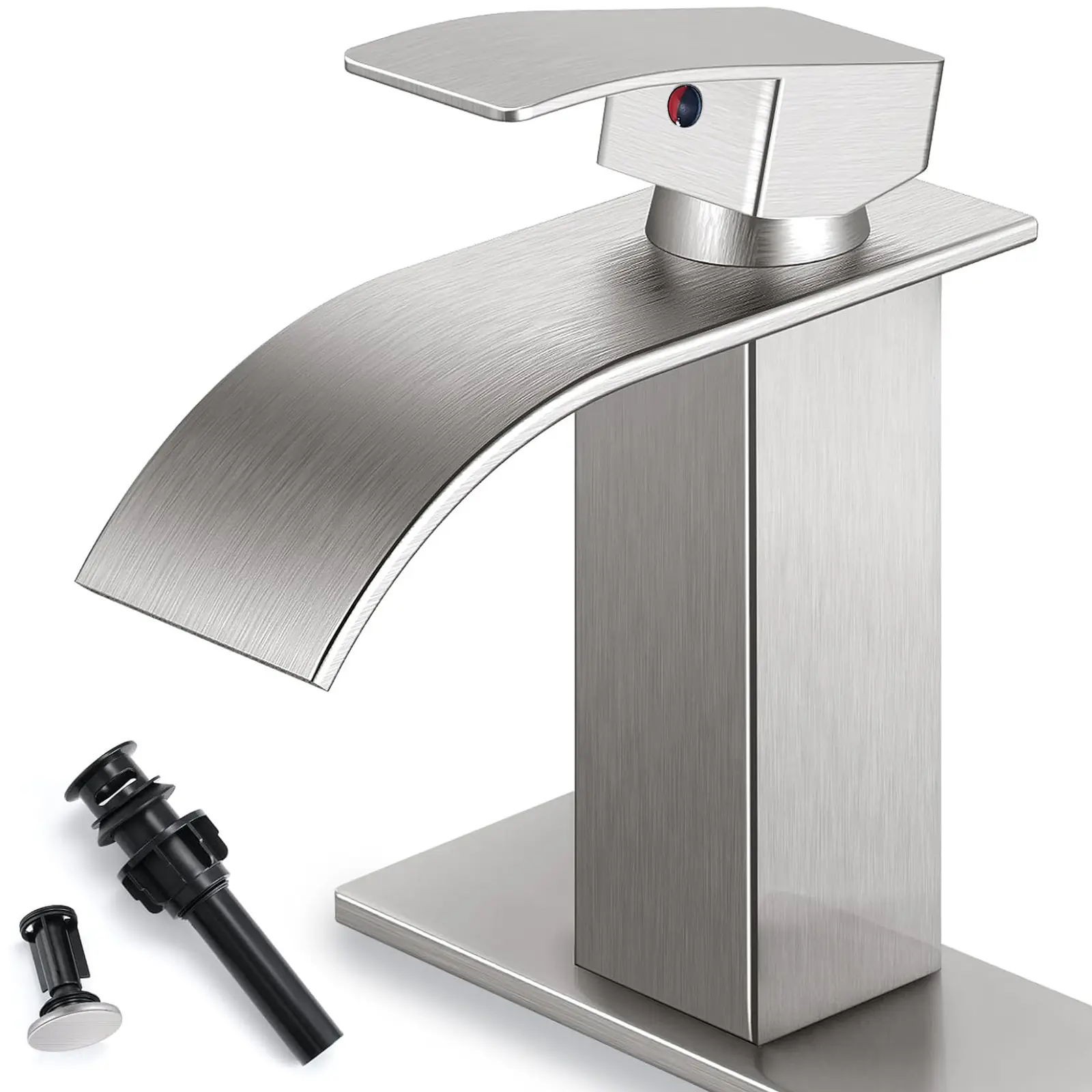 Bathroom Faucet Brushed Nickel Modern Waterfall Bathroom Sink Faucet with Single Handle Suitable for 1 or 3 Holes,Supply Deck Plate and Hose