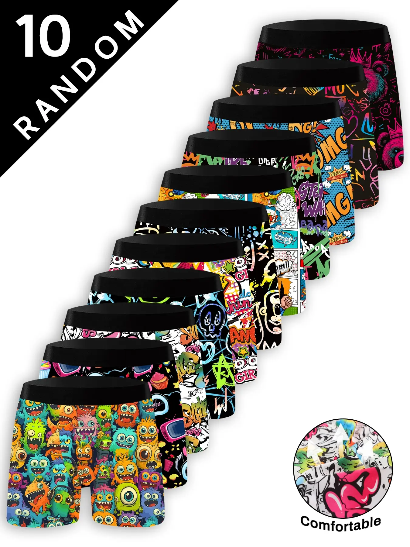 Random 10 Pack Funny Cartoon Digital Print Men's Underwear, Boxers Breathable Comfy Underwear Fitted Boxer Briefs Set, Casual All Seasons Gift