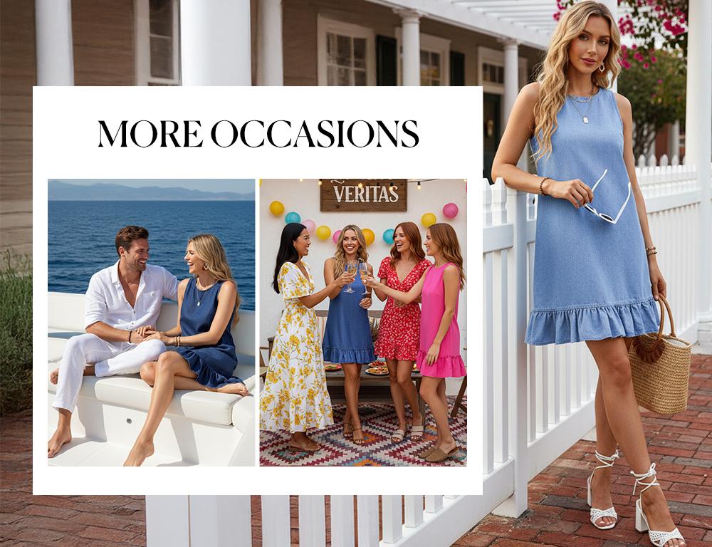 SIDEFEEL Women's Sleeveless Denim Dress Round Neck Ruffled Hem Casual Loose Denim Dress