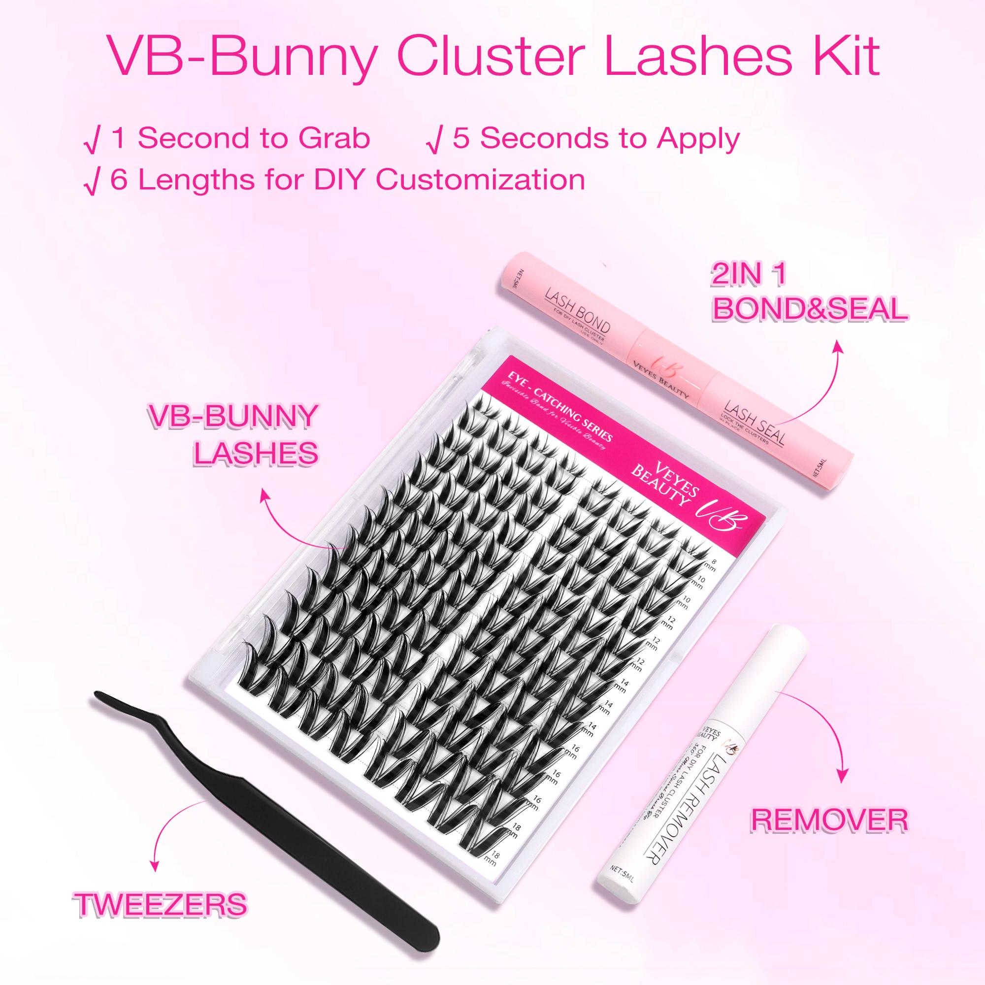 VEYESBEAUTY VB-Bunny Cluster Lashes 100% Handcrafted Ultra-thin Extremely Fine Invisible Band False Eyelash Wispy Faux Mink Lash Mixed Length DIY Eyelash Extension for Self Makeup Cosmetic Application at Home