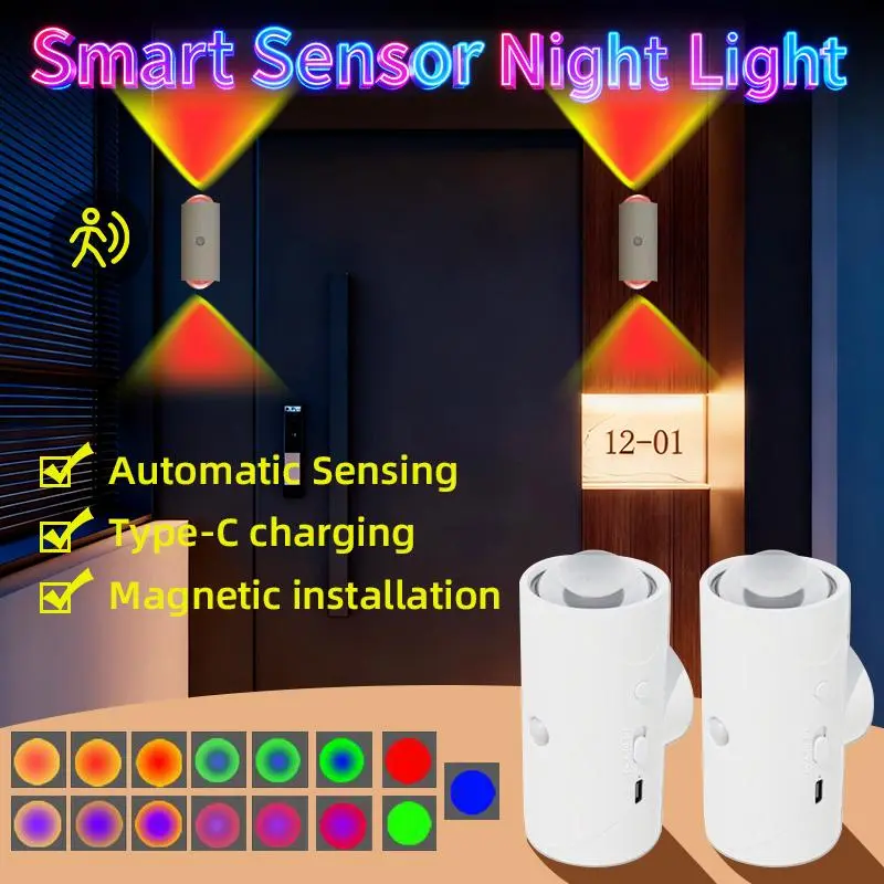 Smart LED Night Light - Motion Sensor, RGB Gradient Dimmable Wall Mount, USB Rechargeable, Lighting Modes Adjustable, Color Changing Nightlight, Magnetic Home Decor Light for Entryway, Bedroom, Stairs, Plug-Free Charging, Room Decor