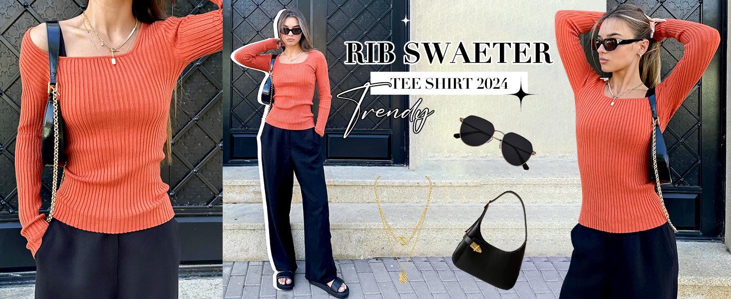 Women's Super Soft Stretchy Ribbed Knit Sweater Square Neck Long Sleeve Slim Fitted Tunic Top for Fall Winter Essential Casual Outfit