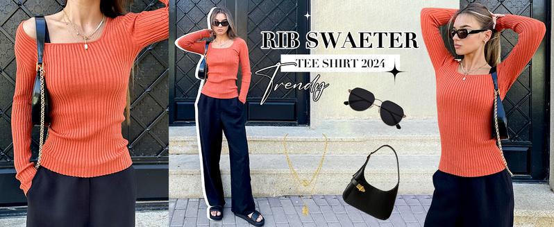 Women's Super Soft Stretchy Ribbed Knit Sweater Square Neck Long Sleeve Slim Fitted Tunic Top for Fall Winter Essential Casual Outfit