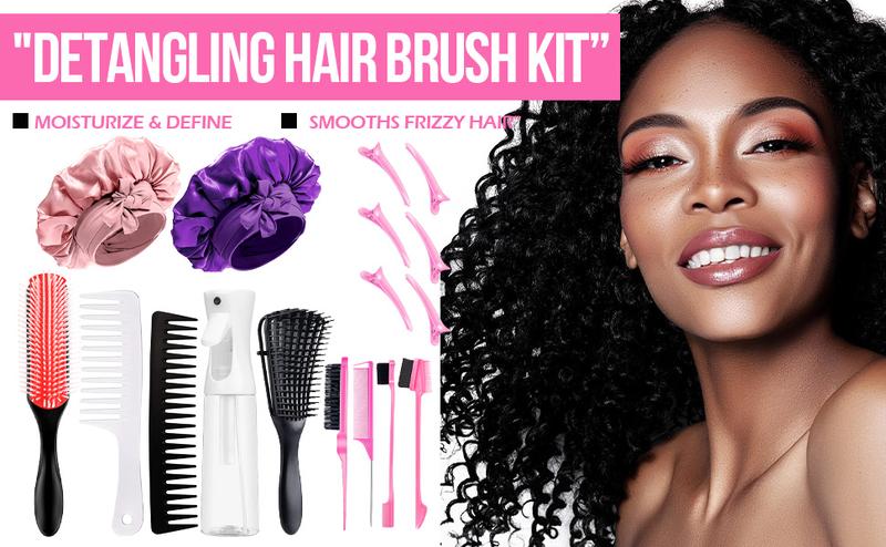 Pink Hair Brush Set Detangler Brush Satin Bonnet Nylon Bristle Brush Edge Tool Kit for Curly Hair Styling Detangling Multifunctional Haircare Sleeping